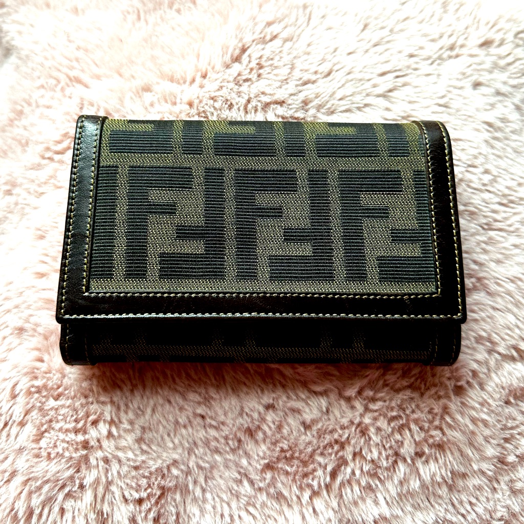 Fendi Zucca Canvas Leather Bifold Medium Long Wallet Vintage Authentic